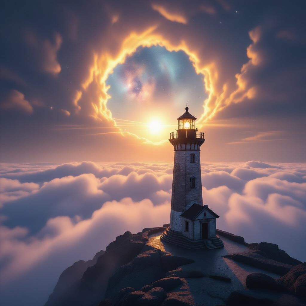 Lighthouse Beam Pierces Fog to Cosmic Vista