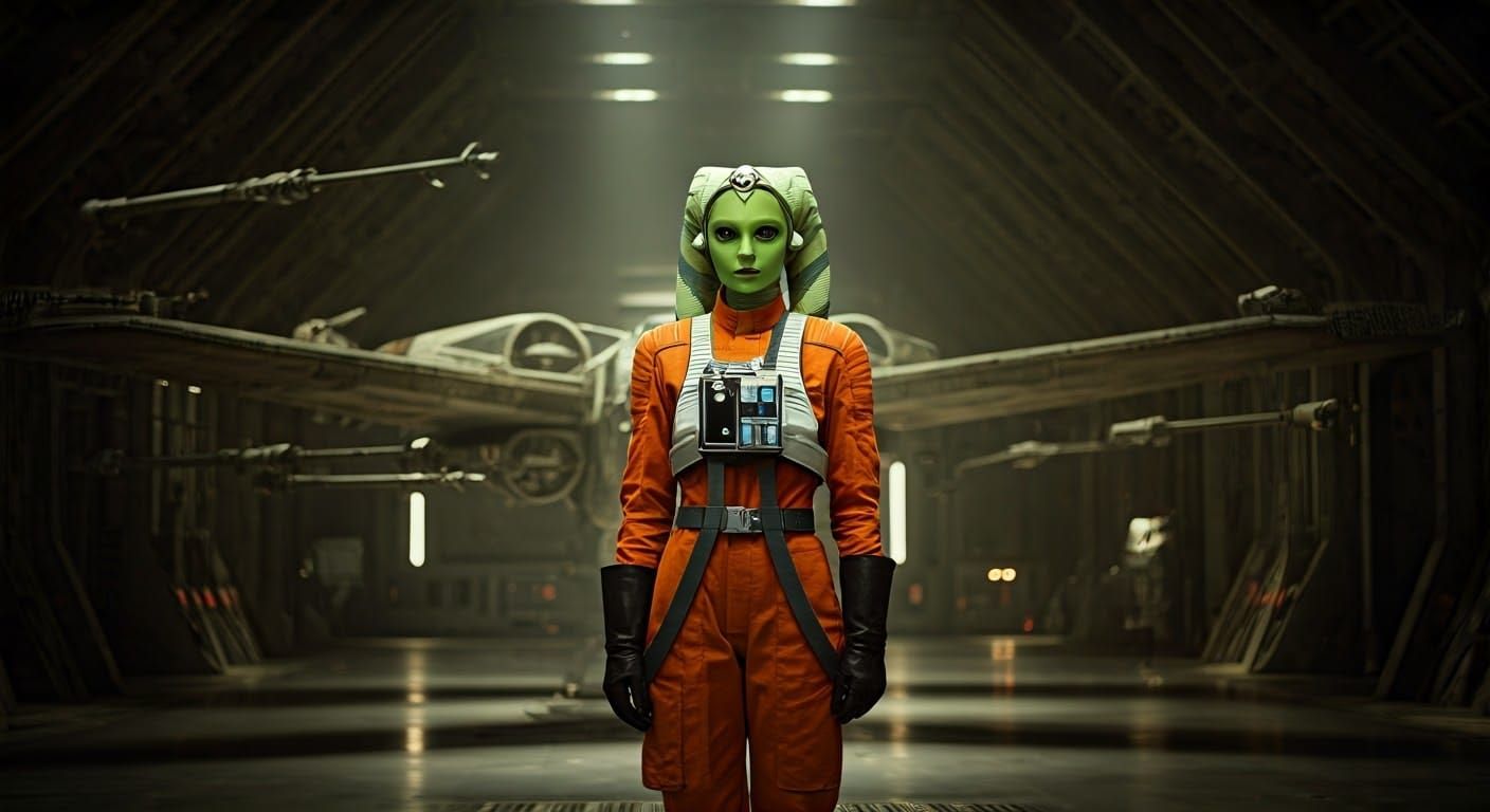 Heroic Twilek Pilot in Dimly Lit Hangar