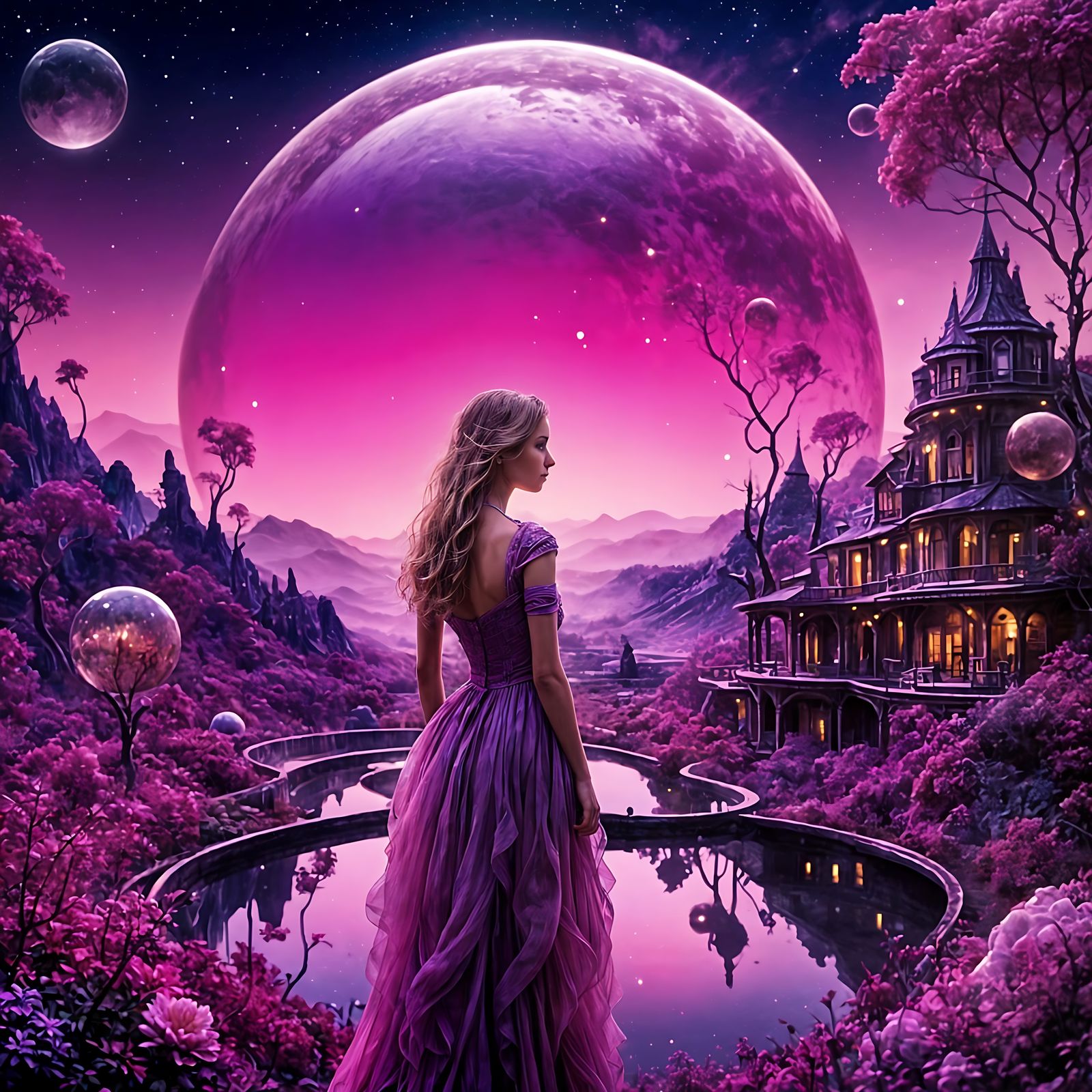 Pink Planet with Glass Structures and Moons