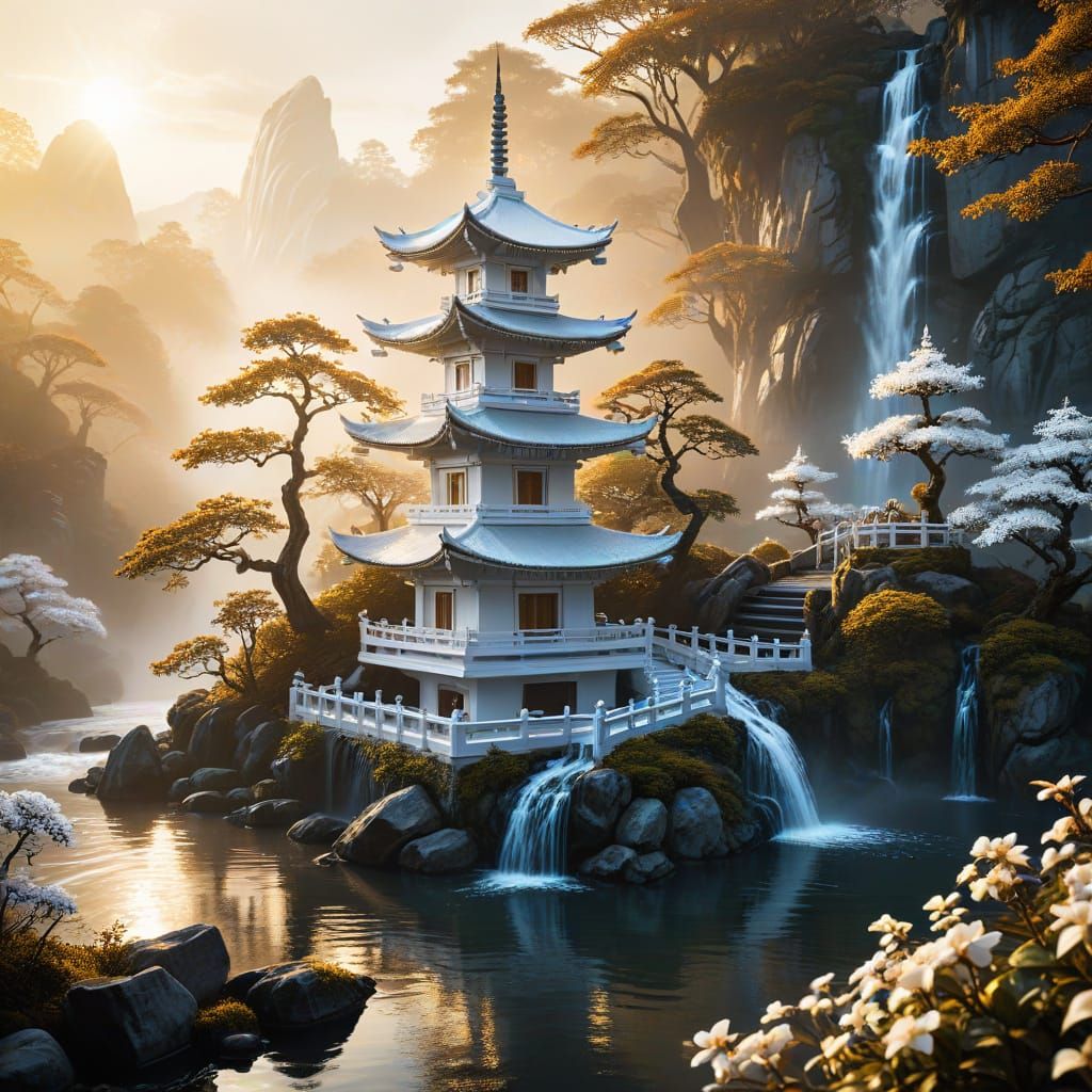 Majestic White Pagoda in Misty Landscape