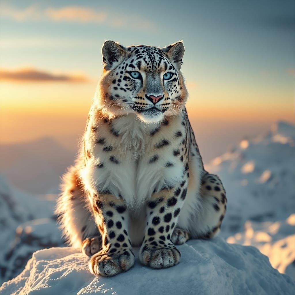 Regal Snow Leopard on Icy Peak in Golden Sunlight