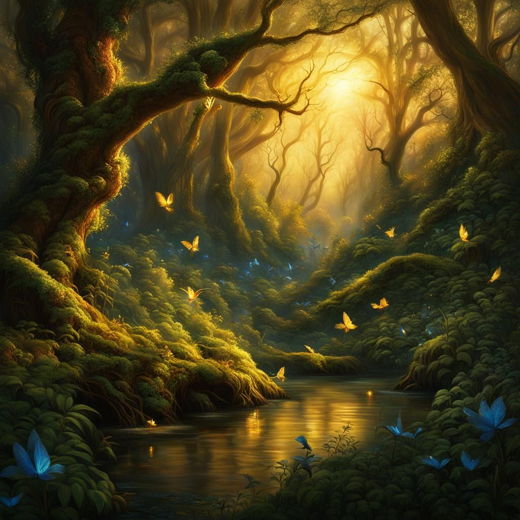 Enchanted Forest with Fairies in Golden Light