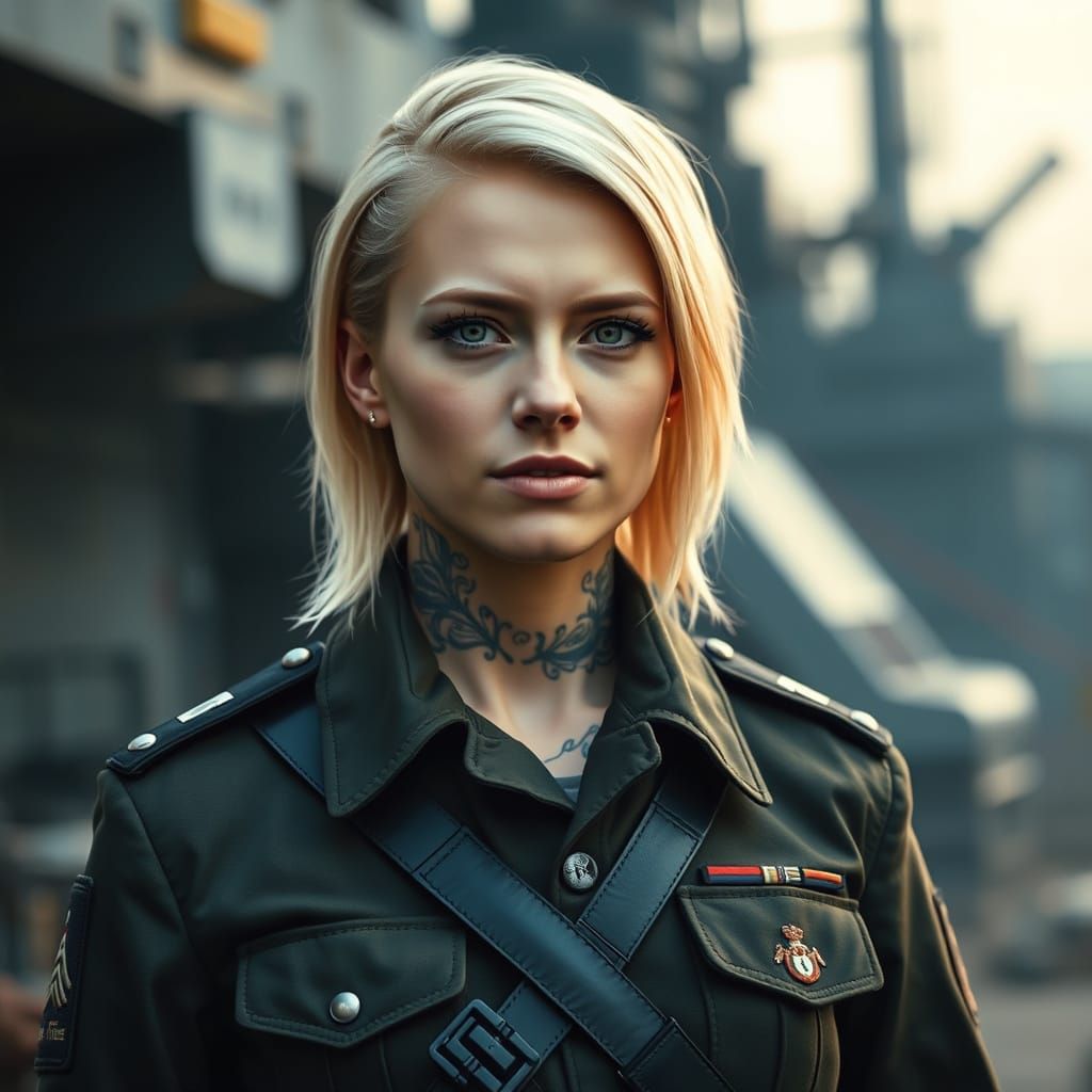 Dystopian Officer with Nordic Tattoos, Industrial Militarism...
