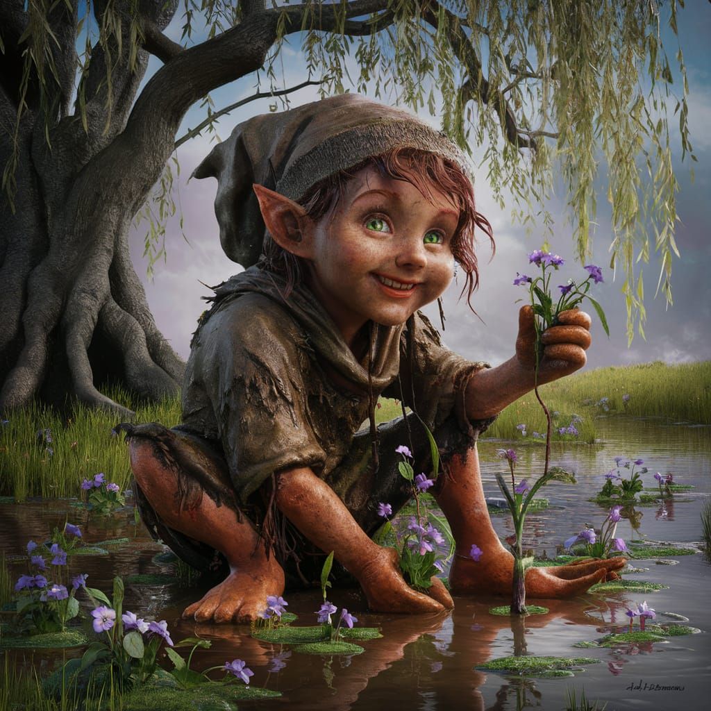 Charming Mud Sprite Planting Violets in Bog