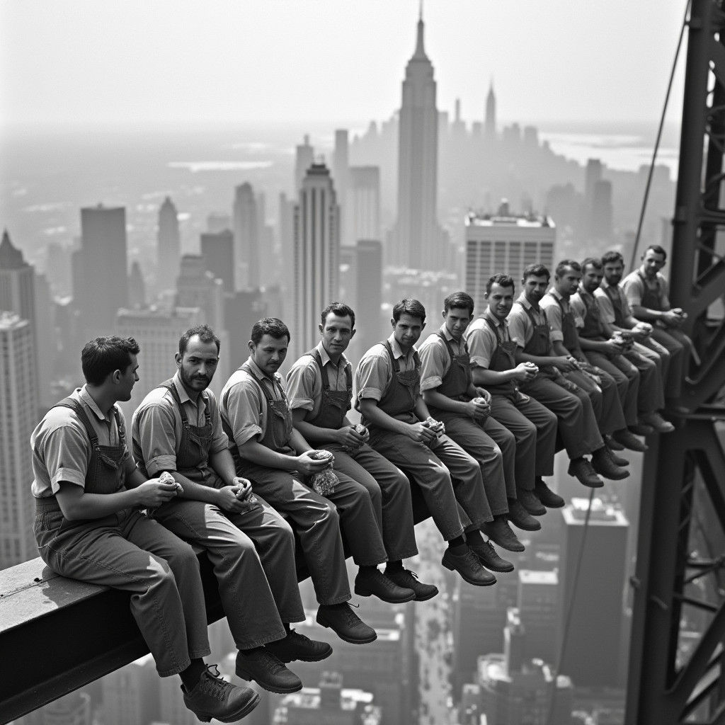 Construction Workers Lunching on a Beam, Black and White