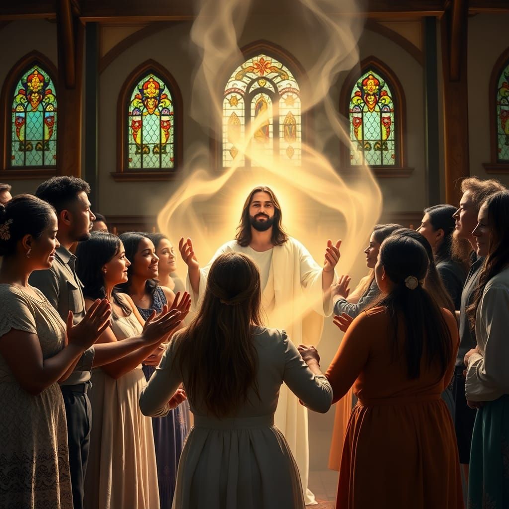 Ethereal Gathering: Jesus Appears to Praying Group