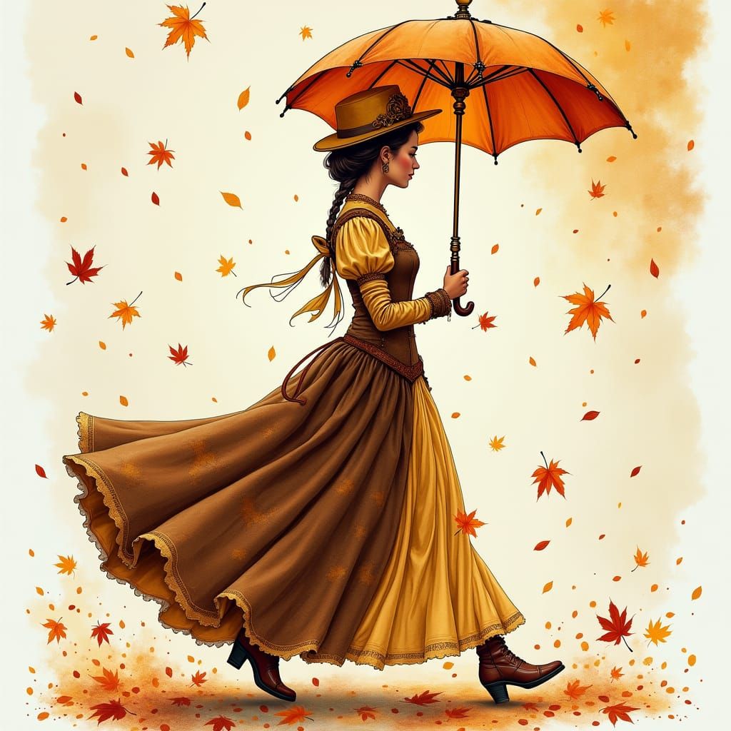 Steampunk Victorian Lady in Autumnal Watercolor Style