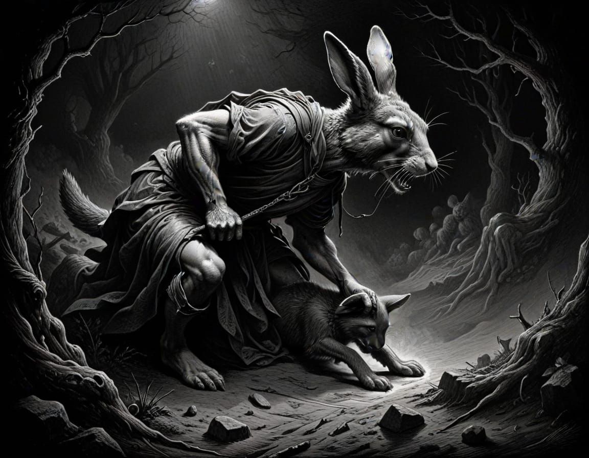 Rabbit Escapes Fox in Dramatic Intaglio Print