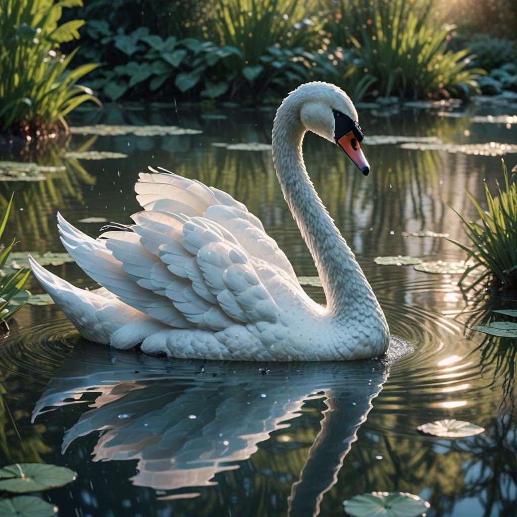 Serene Water Swan Sculpture in a Tranquil Pond