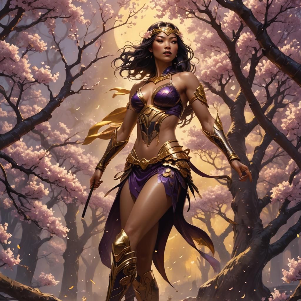 Female Samurai with Cherry Blossoms in Art Nouveau Style