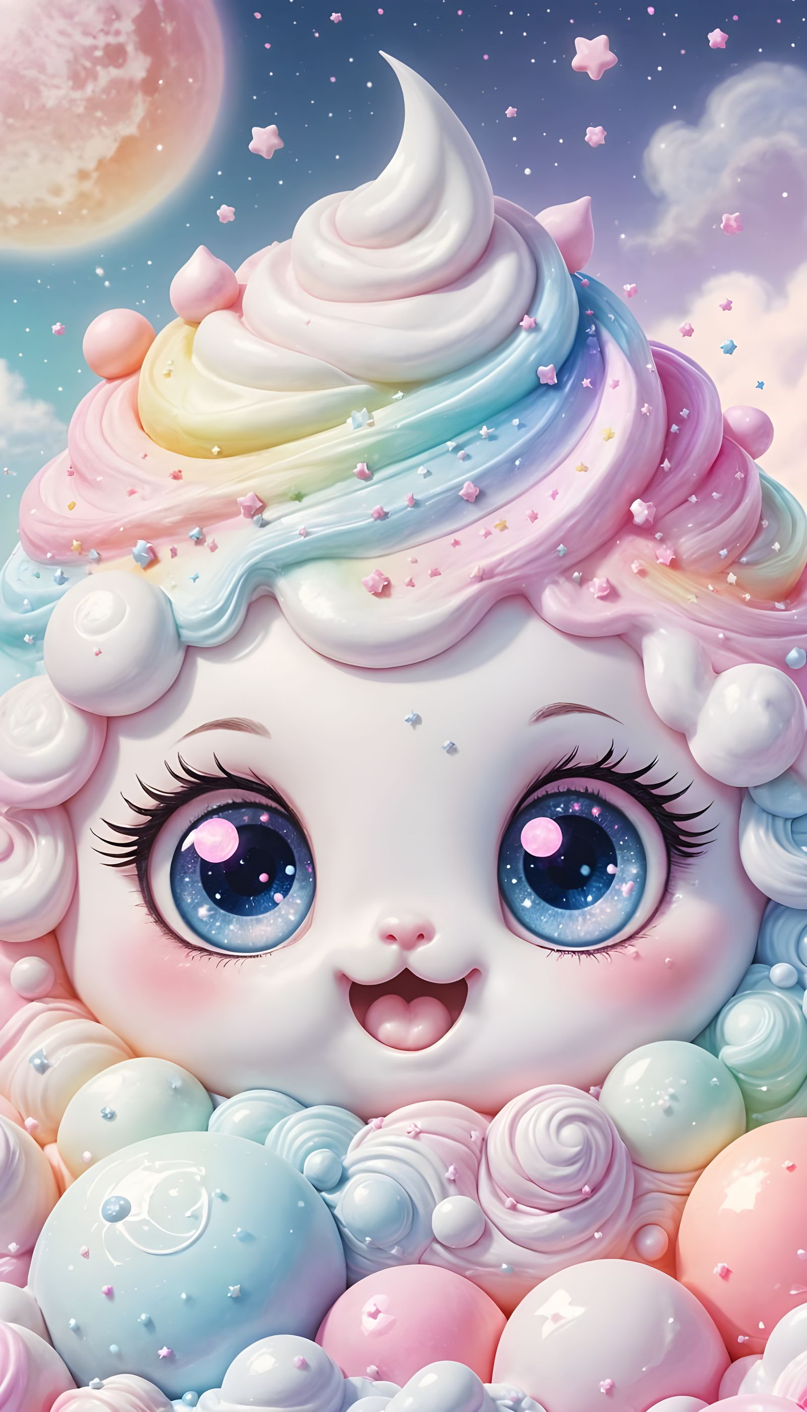 Kawaii-style whipped cream moon with big sparkling eyes, rosy cheeks, a tiny bow, and a soft smile. Surrounded by pastel...