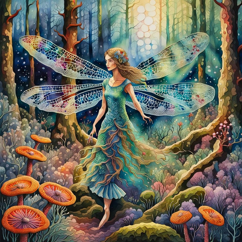Dragonfly Woman Dancing in Forest: Watercolor Painting