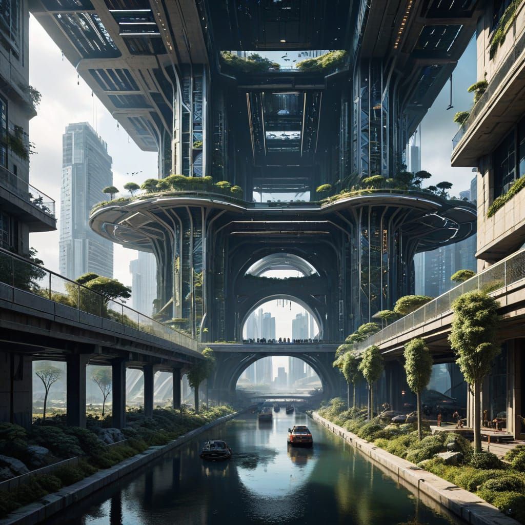 Surreal Megastructure in a Neon-Lit Cyberpunk World