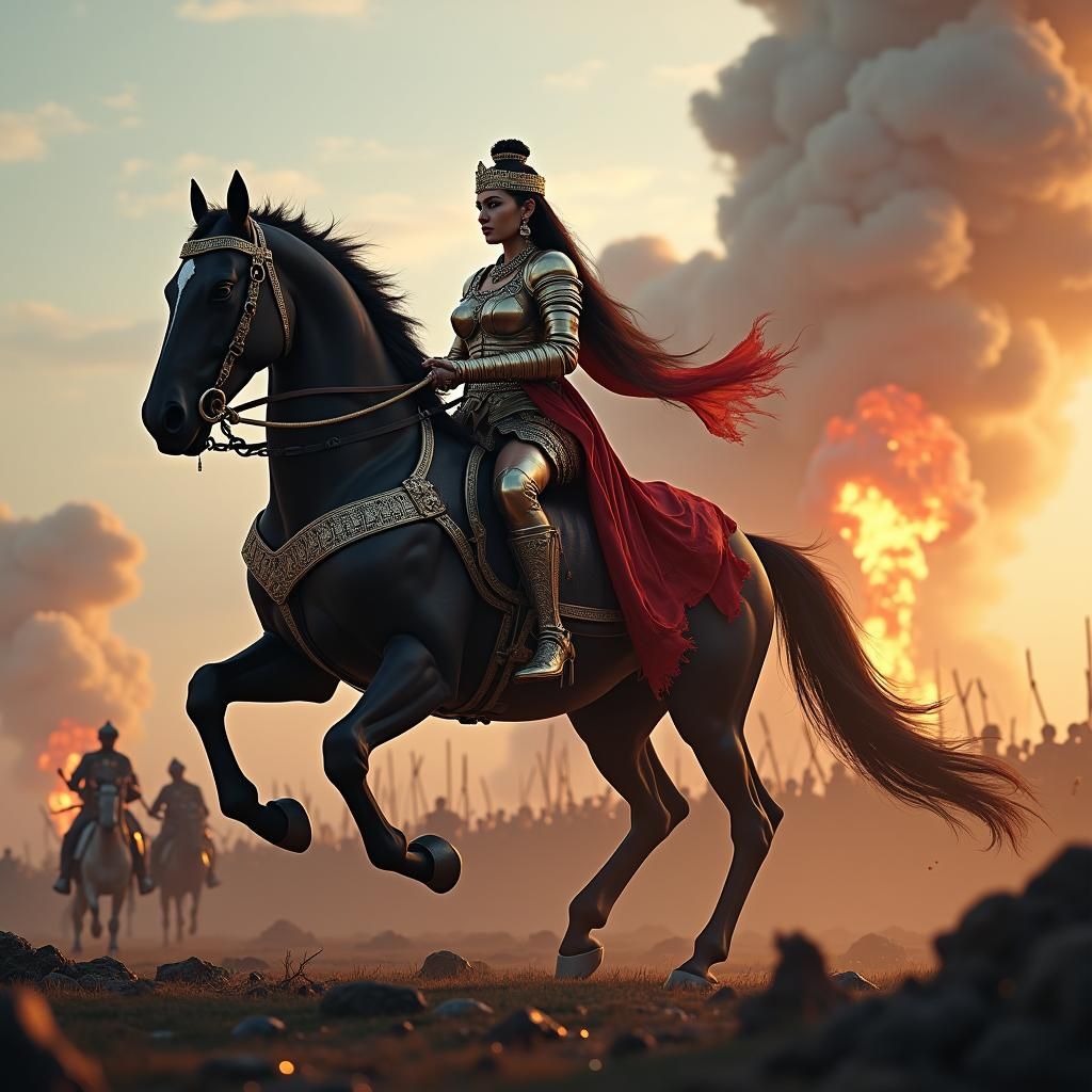Queen Padmini on Horseback in War-Torn Battlefield