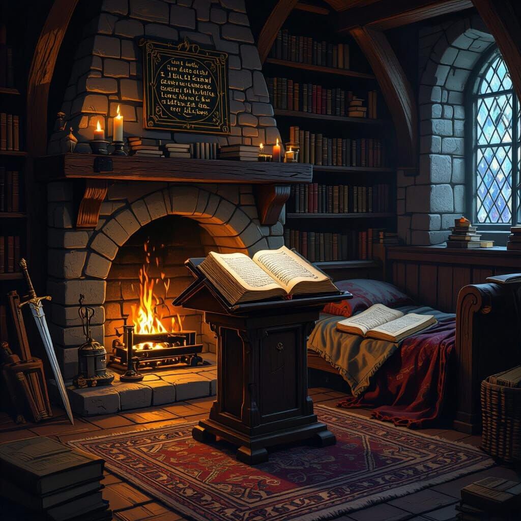 Apprentice's Torch-Lit Study with Spellbook and Sword
