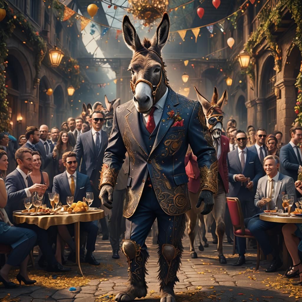 Donkey in Suit at Gala Party, Detailed Painting