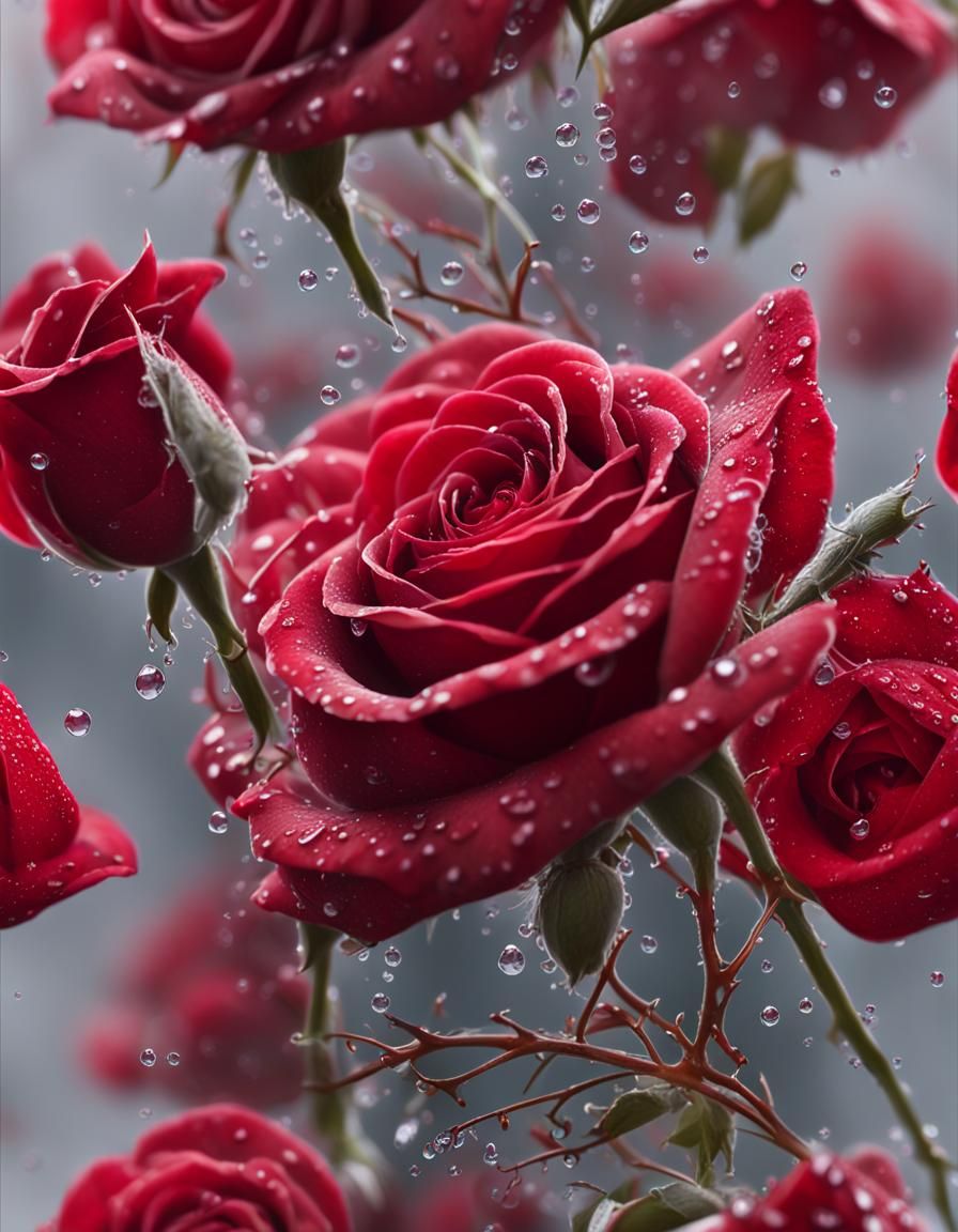 Dewy Red Roses in Fog: Digital Art
