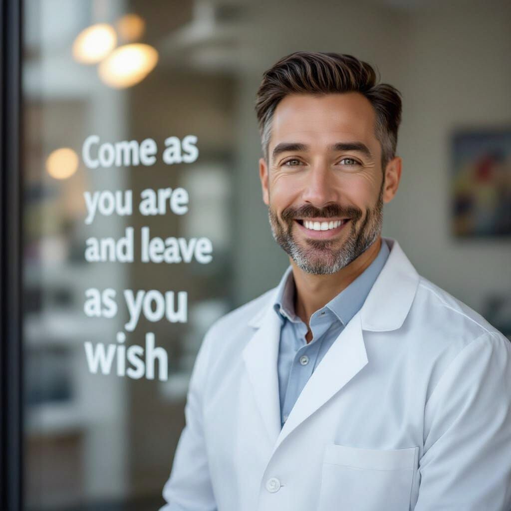 Friendly Plastic Surgeon Smiles Behind Window with Custom Si...