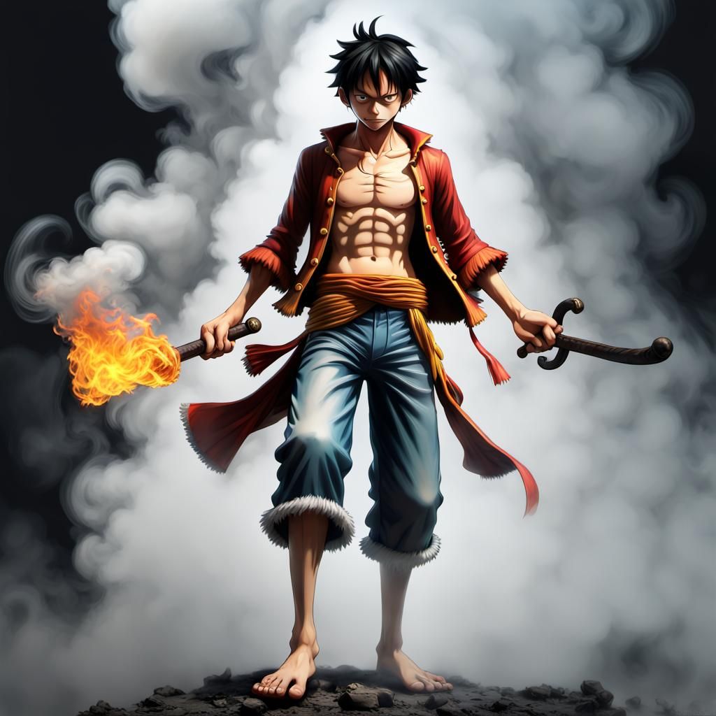 make a character picture of Monkey D Luffy pirate one piece, smoke and fog effect of, black short hair, glossy,
action p...