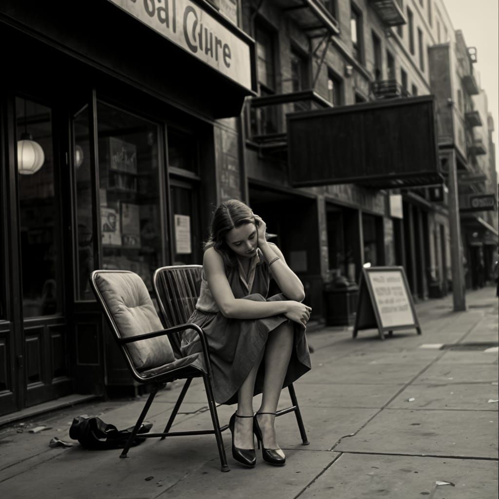 Despondent Woman in Urban Dusk, 1950s Fashion
