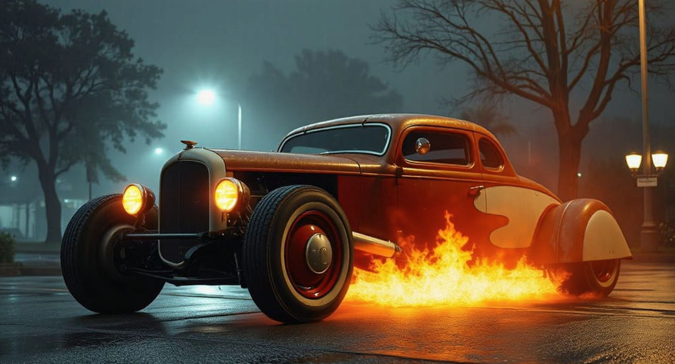 Rusty 1930s Aerodynamic Hot Rod at Night