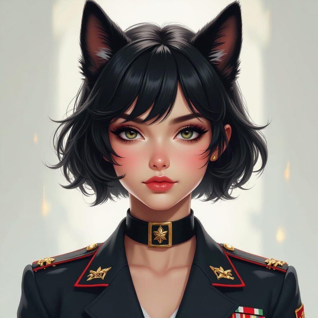 Playful Military Trainee Girl with Dog Ears and Tail