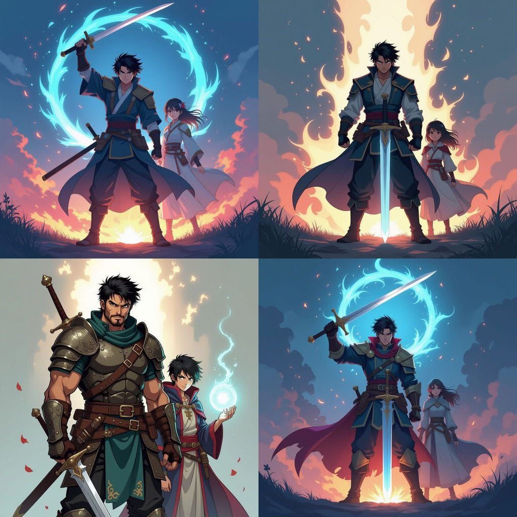 Anime Hero Protects Mage with Sword Raised