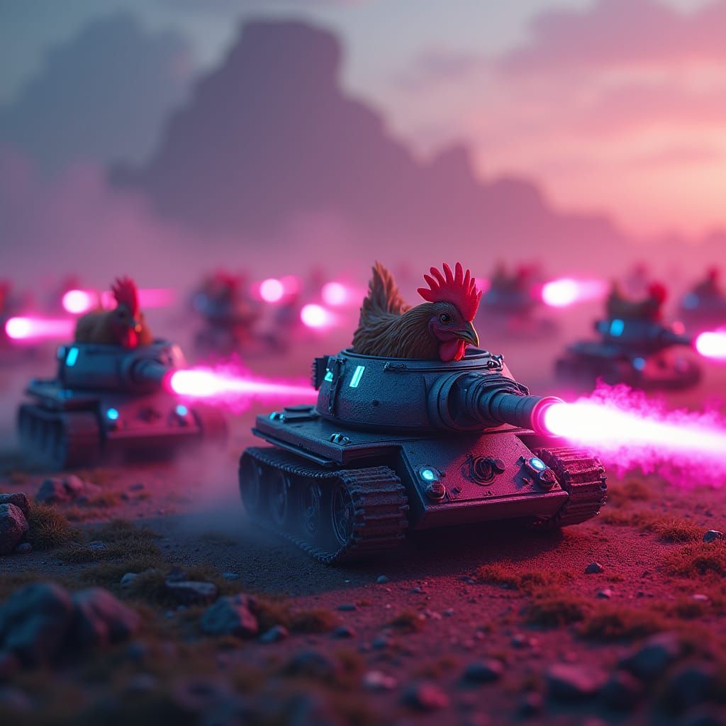 Surreal Futuristic Battle Scene with Chickens and Squirrels