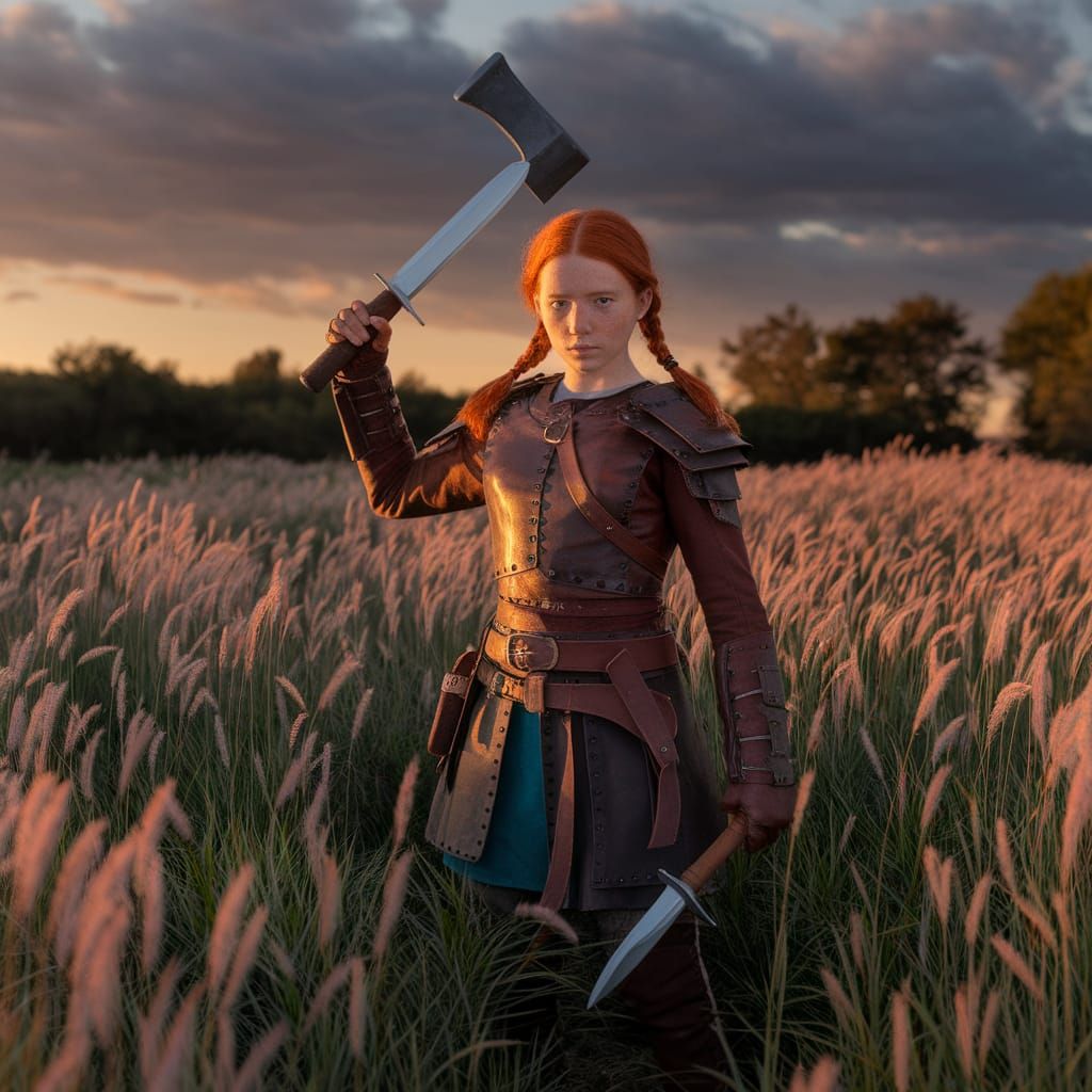 Warrior Girl with Red Hair in Grassy Field