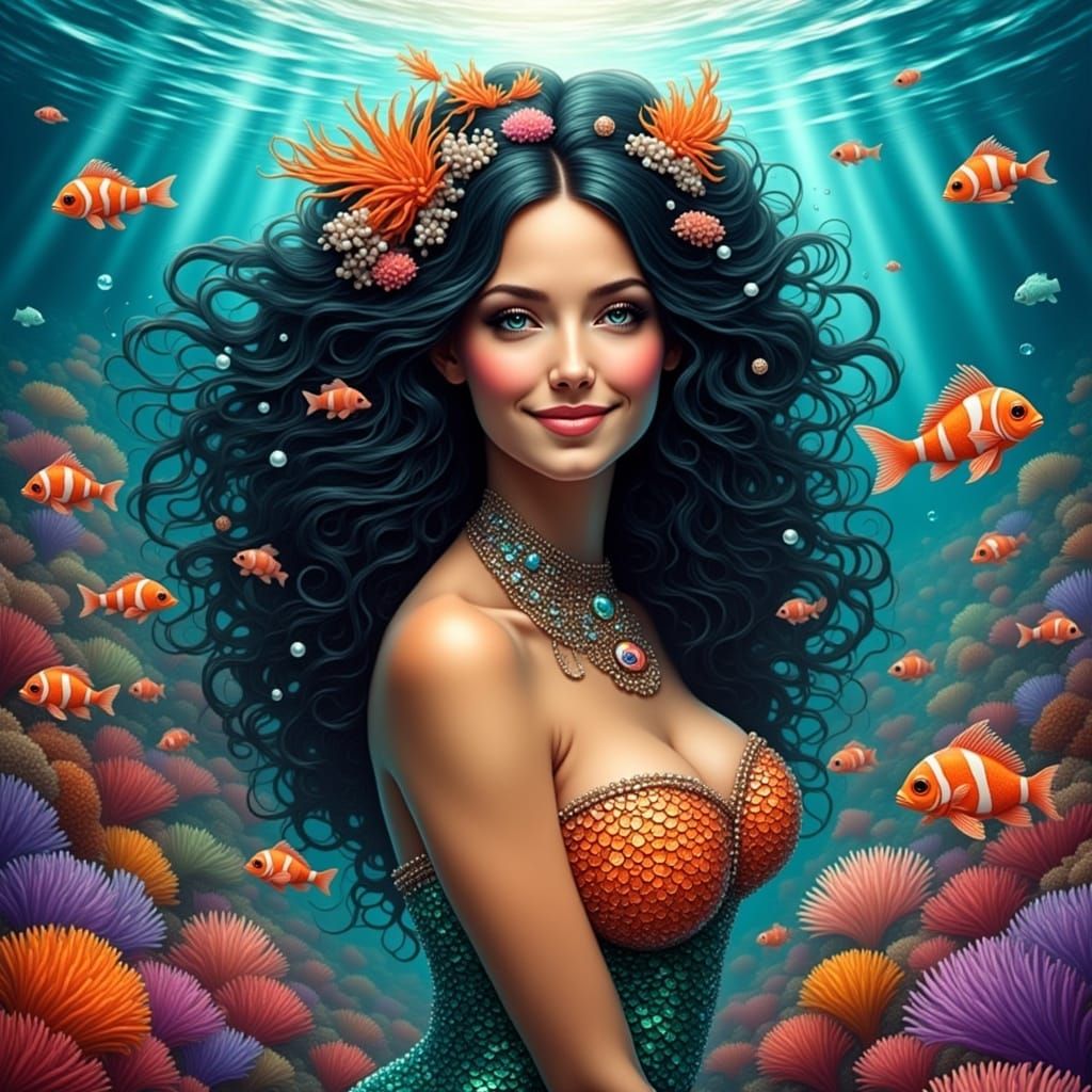 Mermaid Queen with Coral Hair in Sunlit Reef