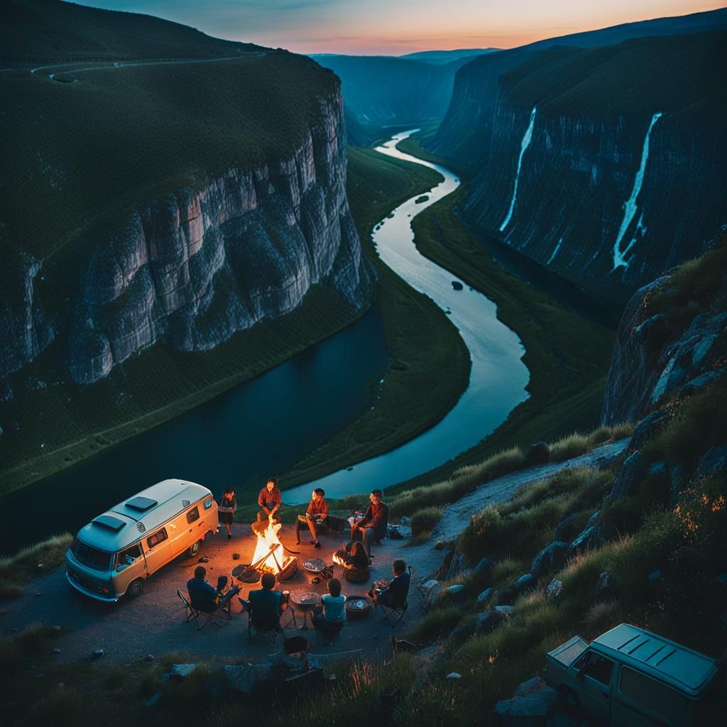 Cliffside Camping at Sunset: Cinematic Film Still