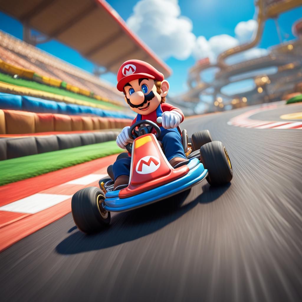 detailed Mario Kart track, video game, Nintendo, Hyperrealistic, splash art, concept art, mid shot, intricately detailed...