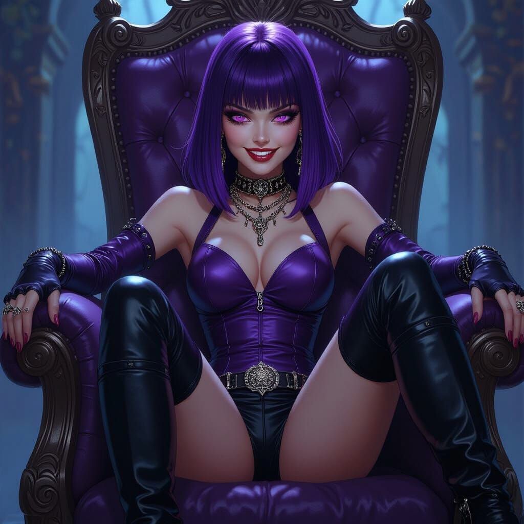 Purple-Haired Mistress on Throne in Cyberpunk Style