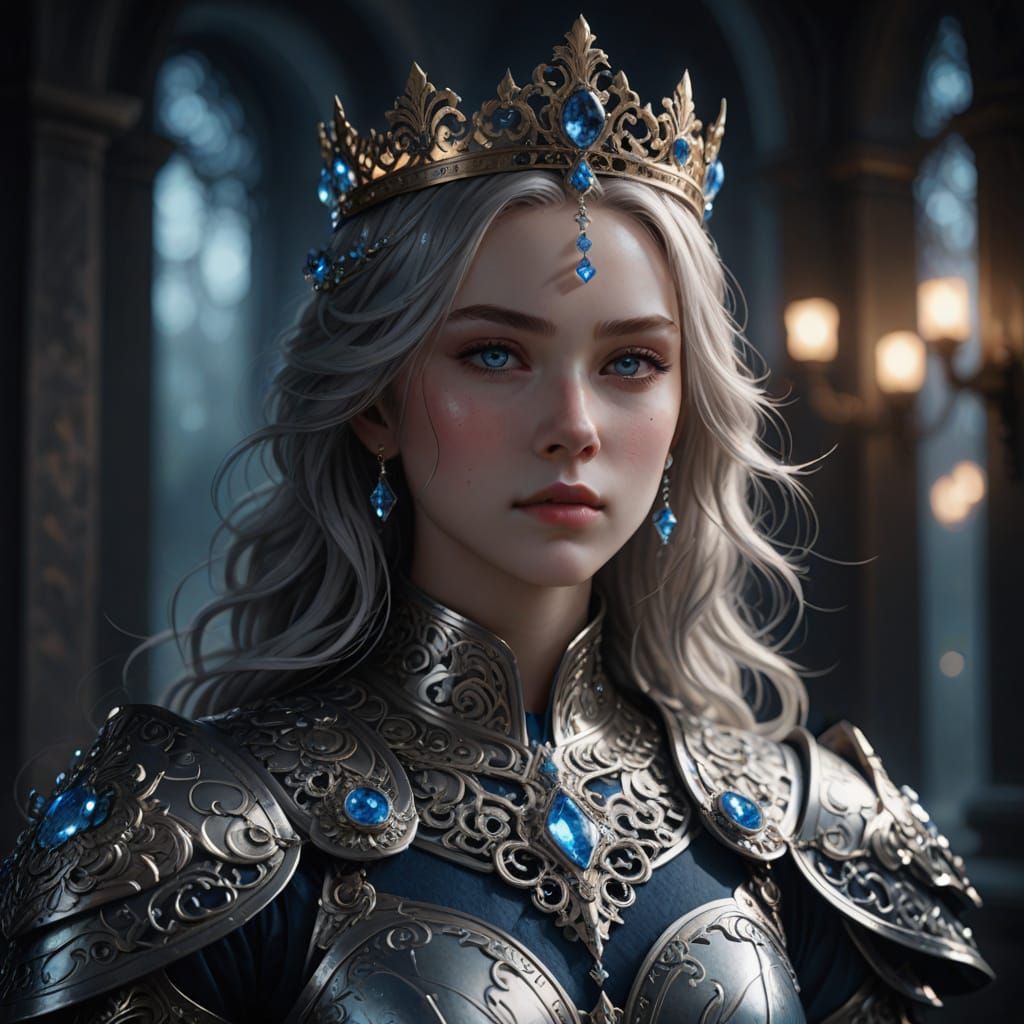 Regal Warrior Queen in Ornate Silver Armor