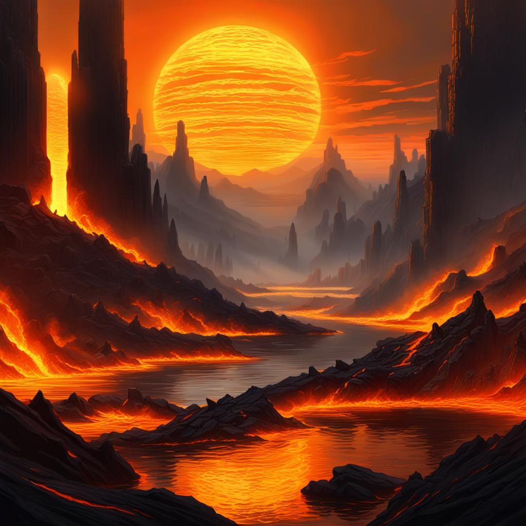Obsidian Snakes Slither Towards Magma Sun: Dark Fantasy Art