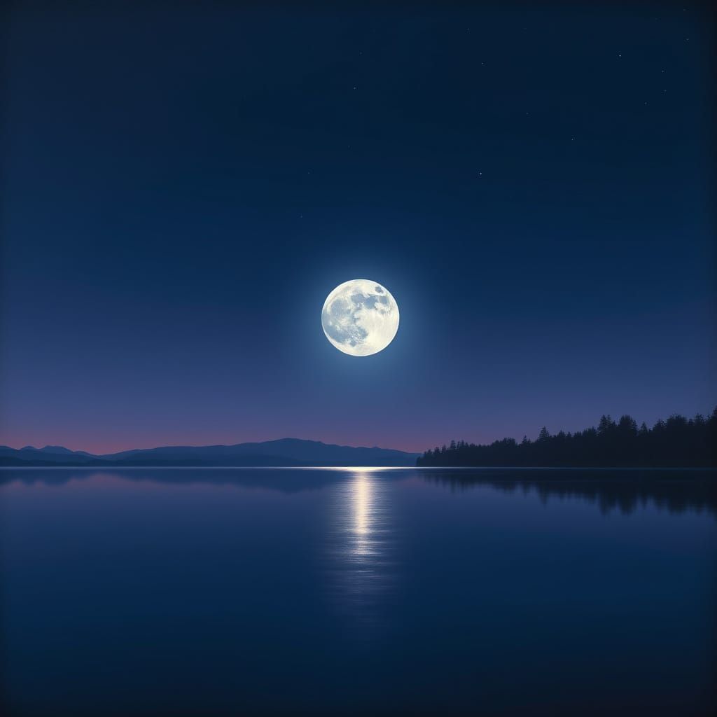 Full Moon Over Calm Lake at Twilight, Oil Painting Style