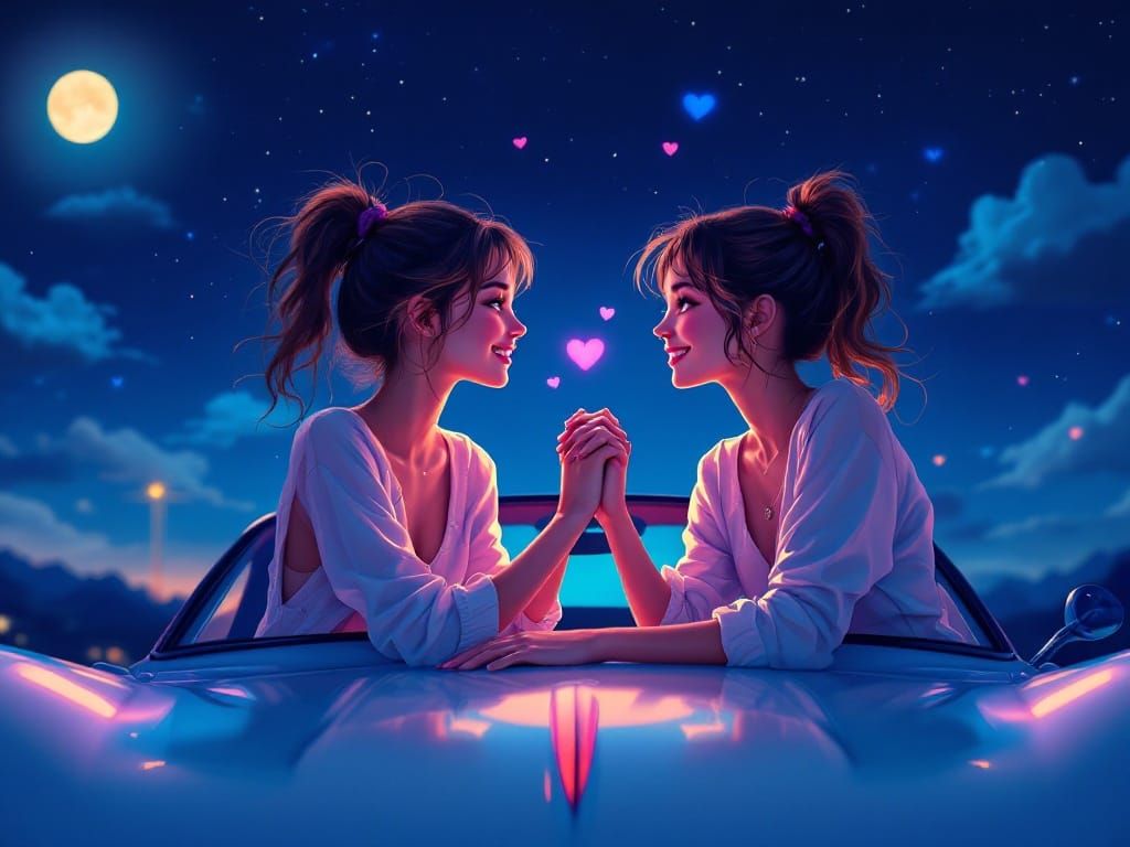 Romantic Retro-Futuristic Love Scene with Vibrant Girls