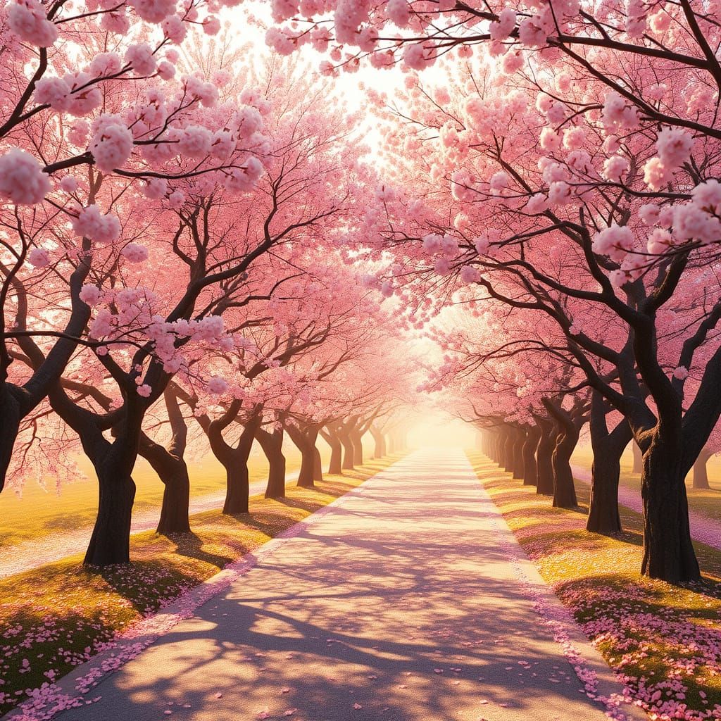 Ethereal Cherry Blossom Path in Vibrant Bloom