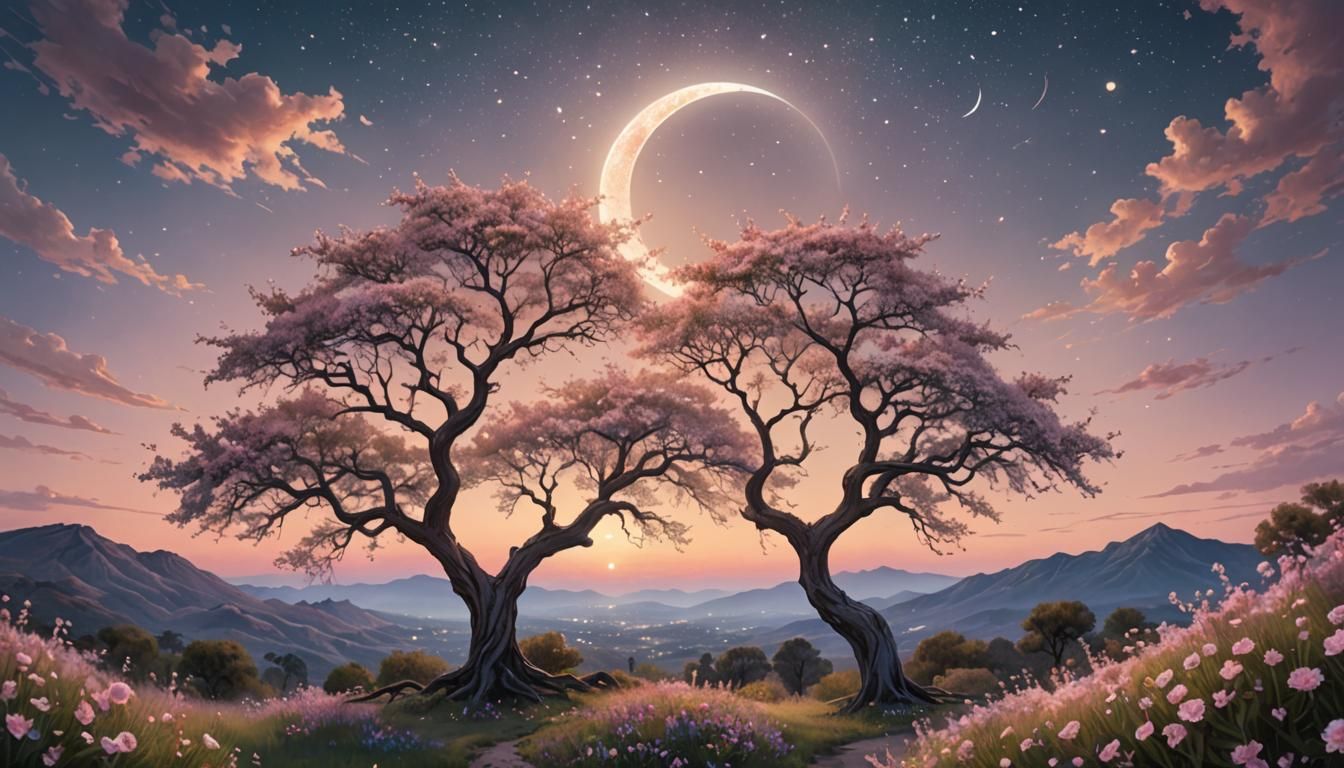 Glowing Pomni Tree in Dreamlike Landscape