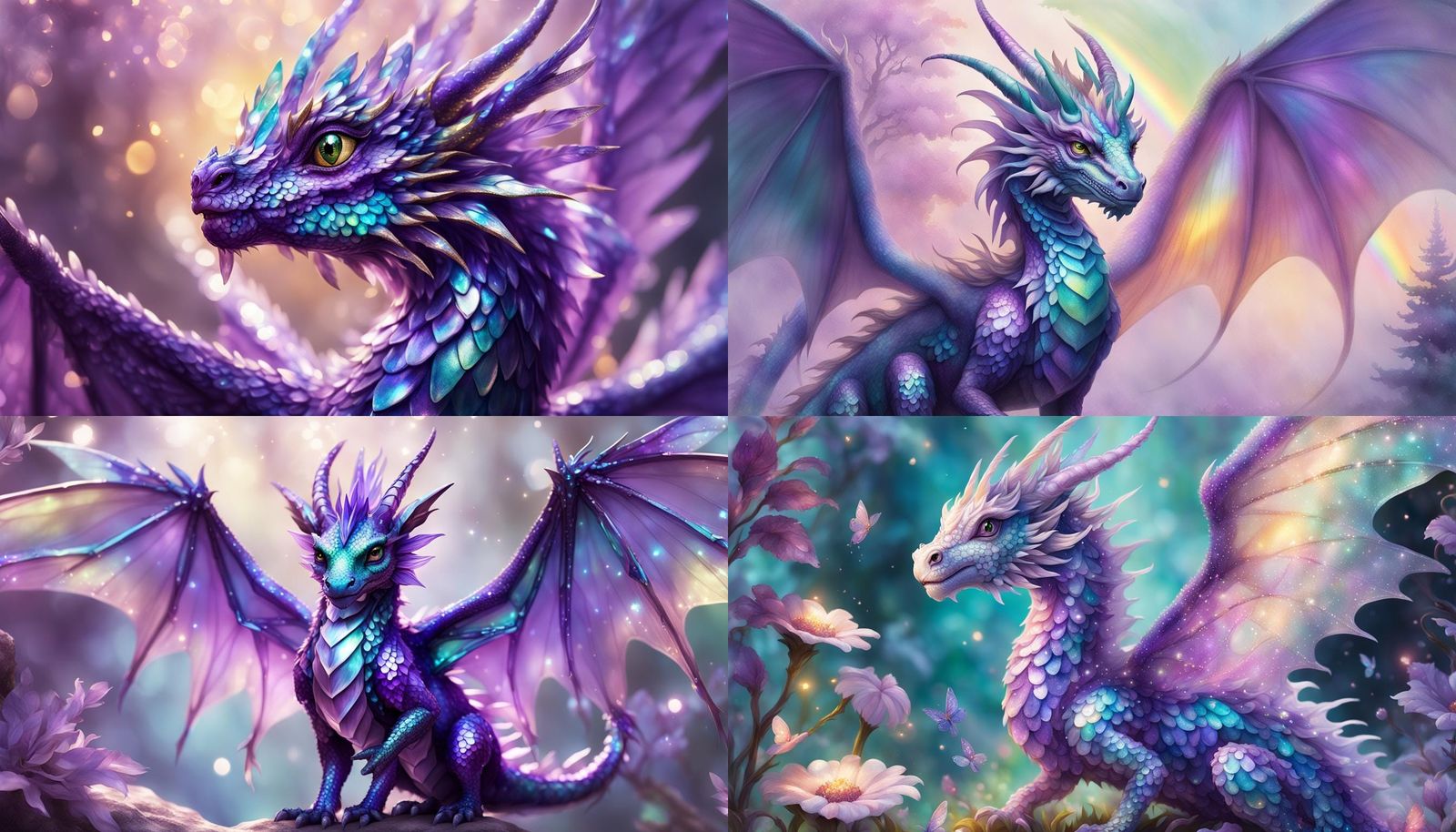 A amethyst hybrid fairy dragon. Iridescent scales and wings....
