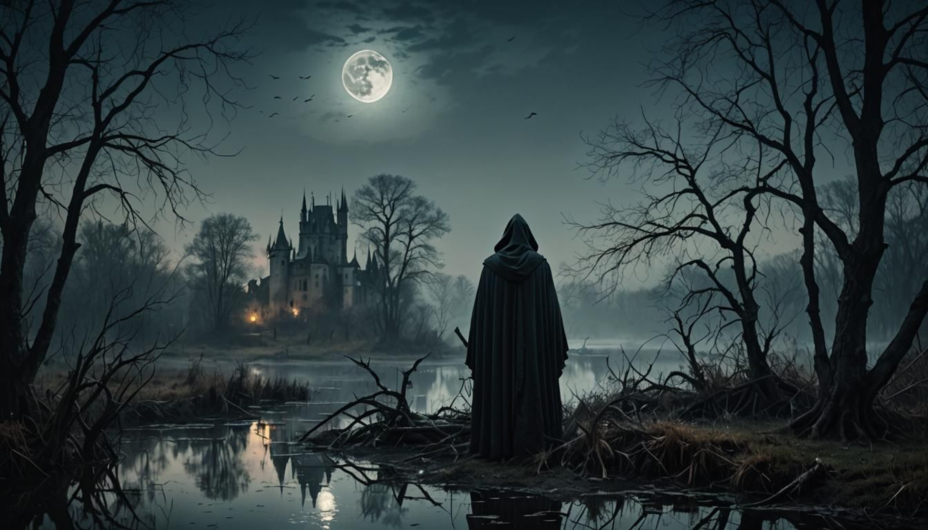 Grim Reaper at Swamp Edge in Dreamlike Photo