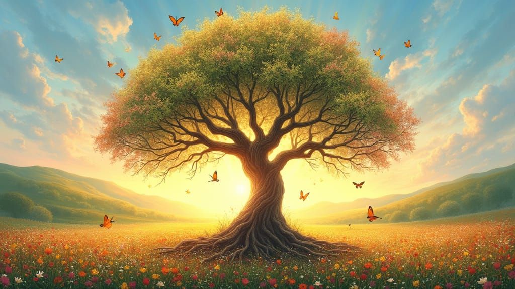 Majestic Tree of Life in Vivid Sunset Field