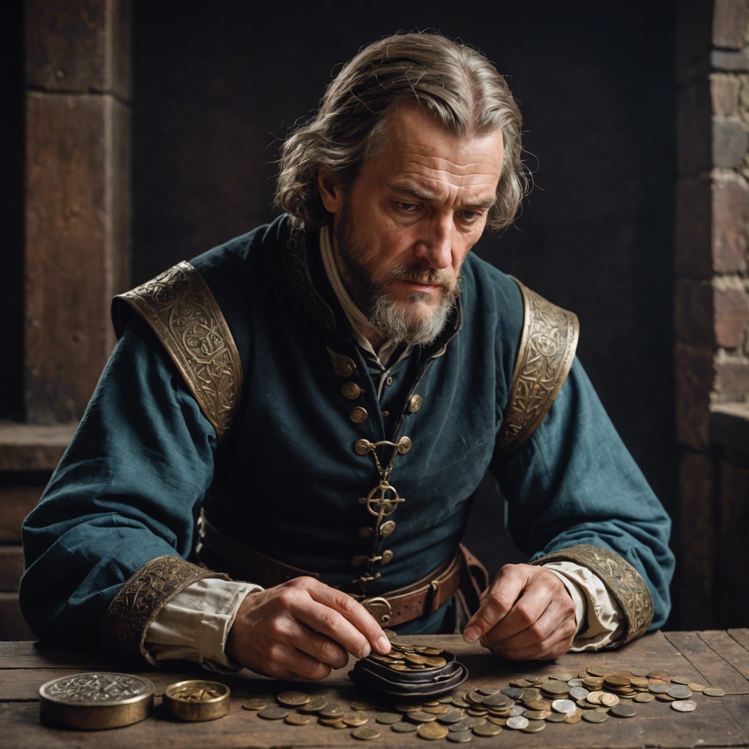 Upset Medieval Merchant with Empty Coin Purse