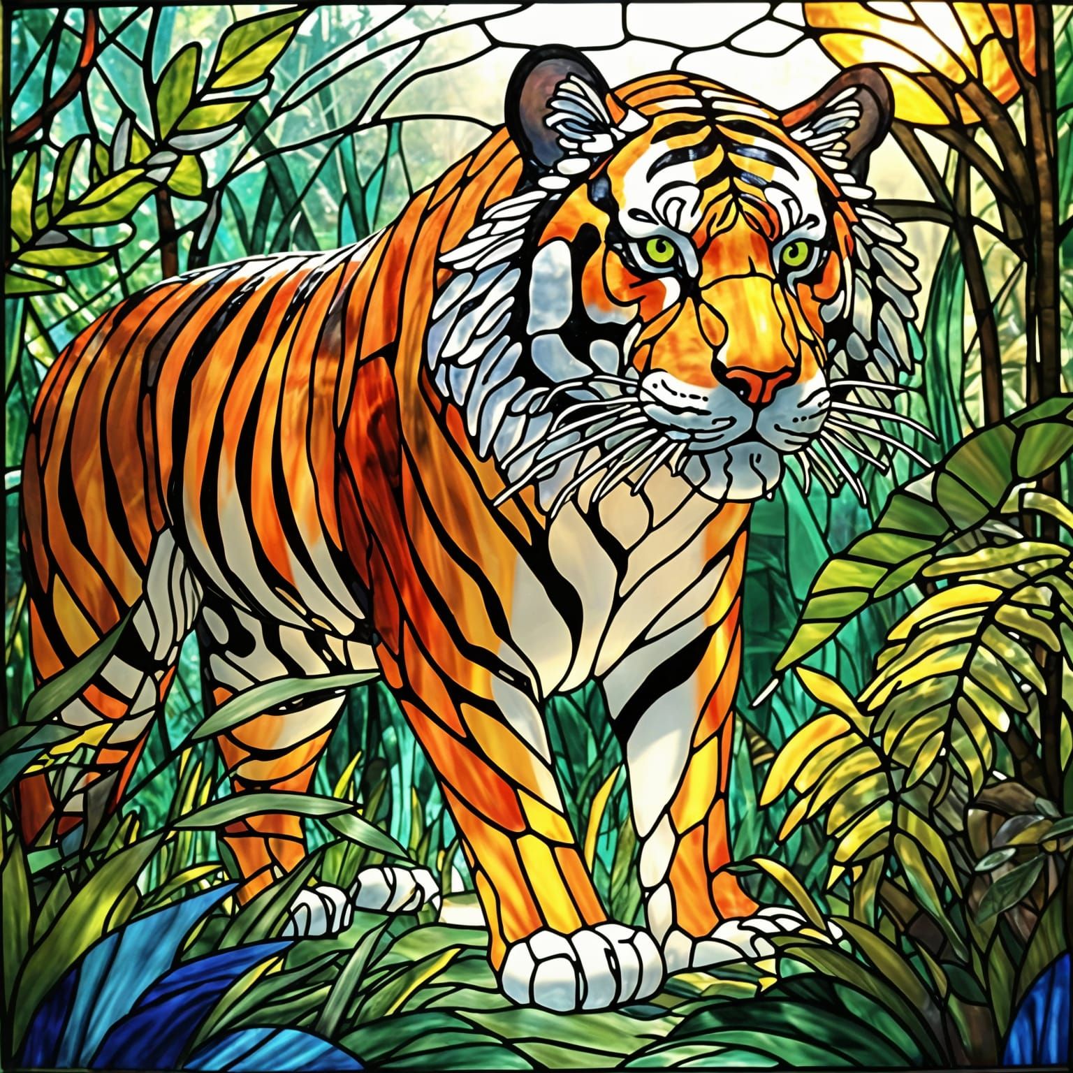 Glass Tiger in Jungle: Stained Glass Art