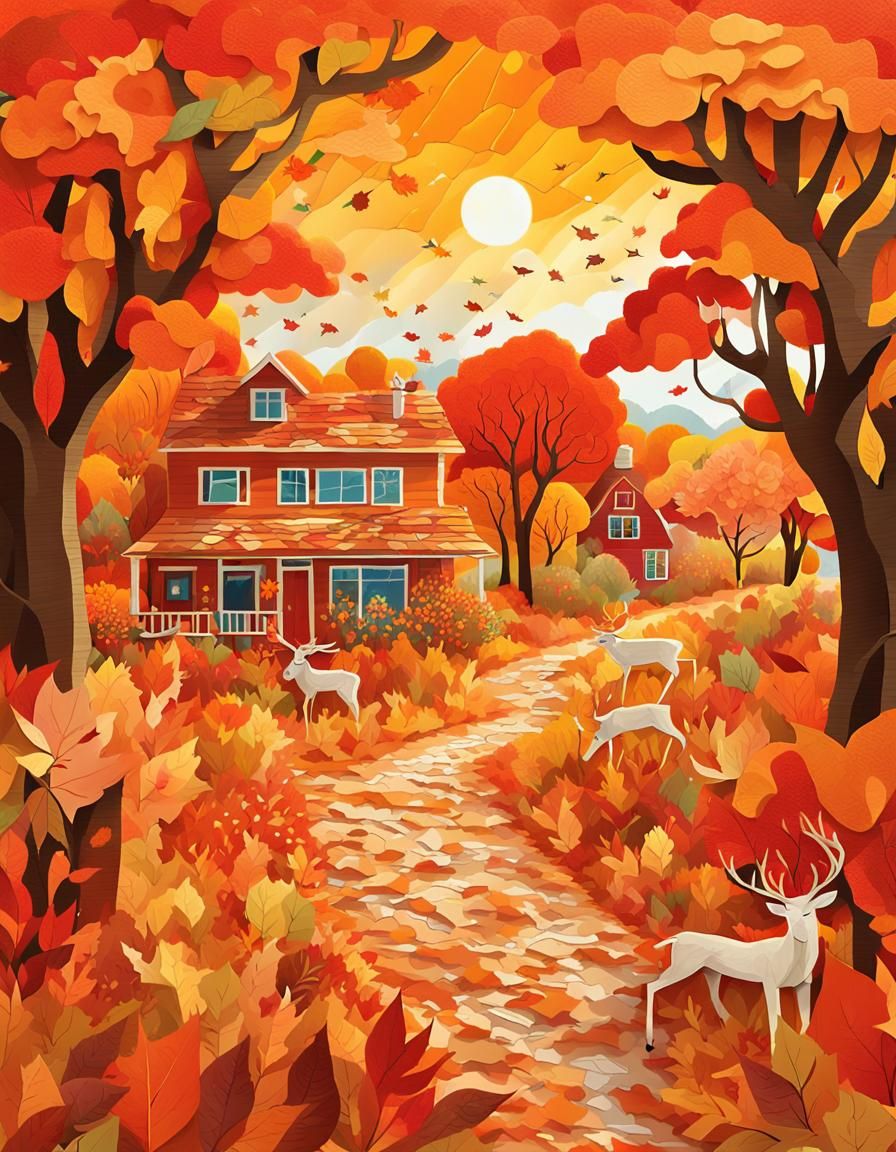 Vibrant Autumn Paper Illustration with Deer and Cottages