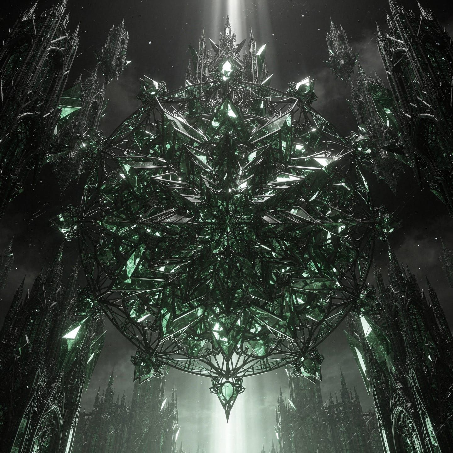 Surreal Geometric Metalcore Design in Emerald Glass