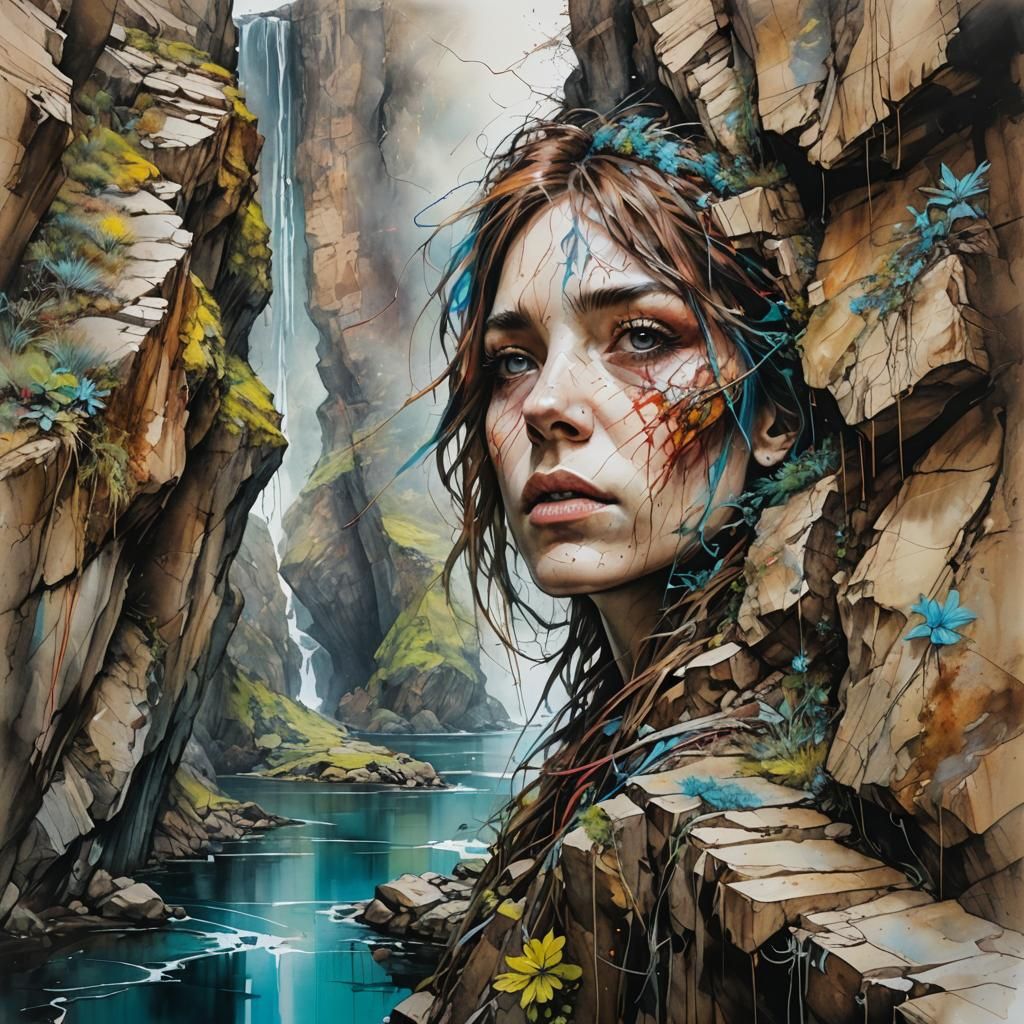 Chasm Between Cliffs in Carne Griffiths Style