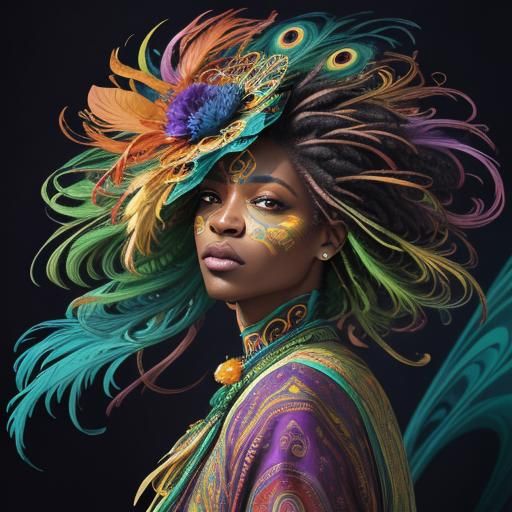 Peacock Haired Woman in Fauvist Abstract Portrait