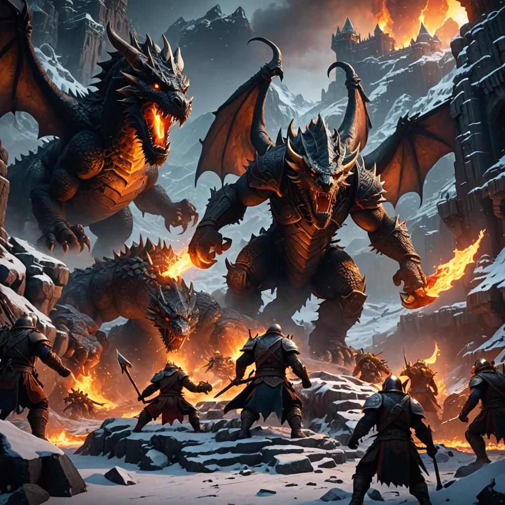 Dwarves Clash with Dragon in Epic Battle Scene