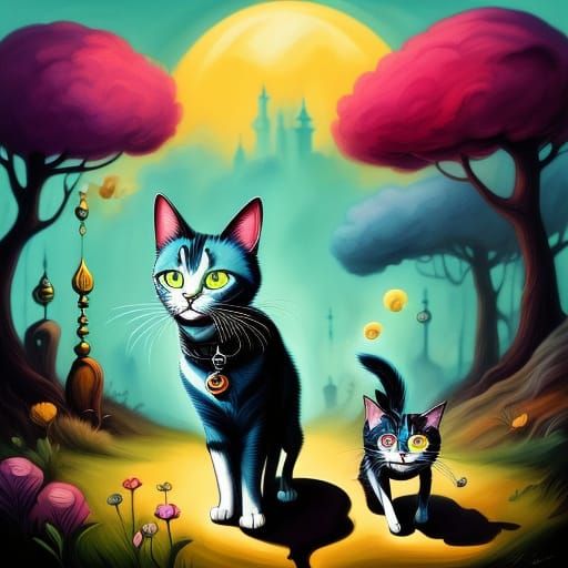 Dog Teaches Cat to Chase in Whimsical Digital Painting